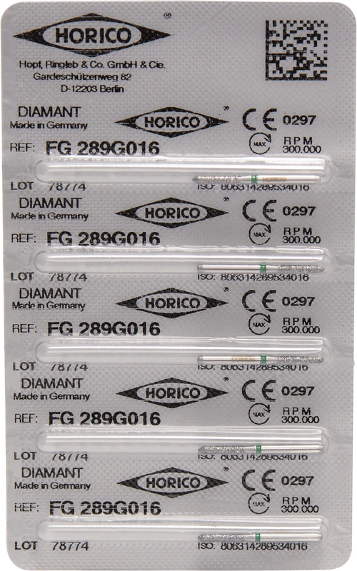 Diamantschleifer 289  Packung  5 Stück grün grob, FG, Figur 289, 8 mm, ISO 016