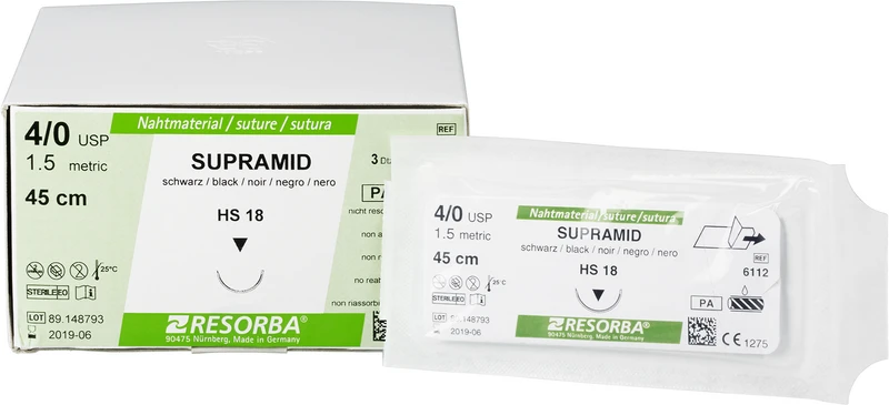 RESORBA® Supramid  Packung  36 Stück schwarz, 45 cm, HS18, 1\2 Kreis, außen schneidend, 18 mm, USP 4\0