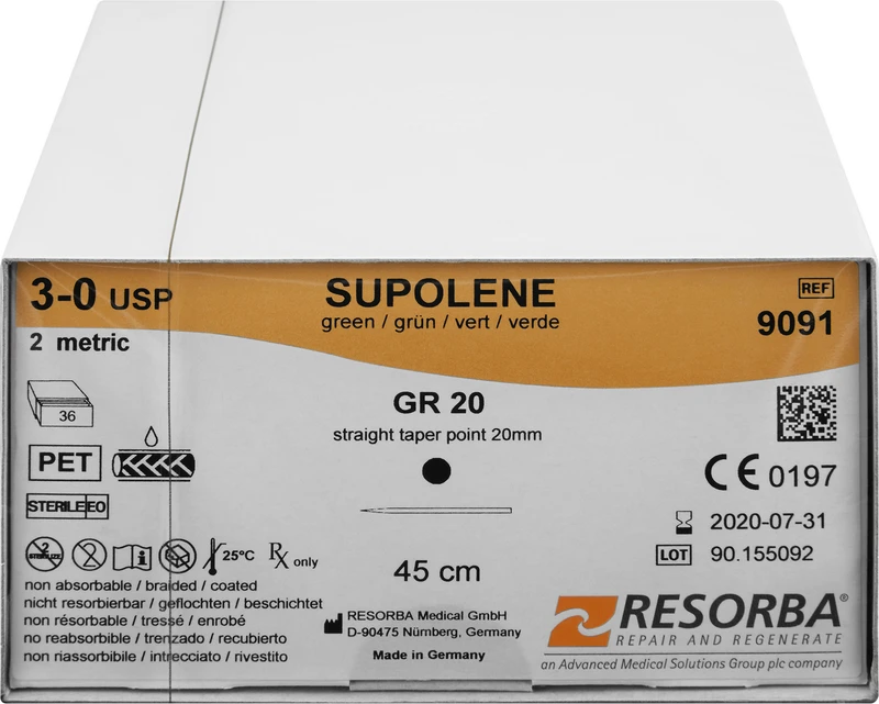 RESORBA® Supolene  Packung  36 Stück grün, 45 cm, GR20, gerade Rundkörper, 20 mm, USP 3\0