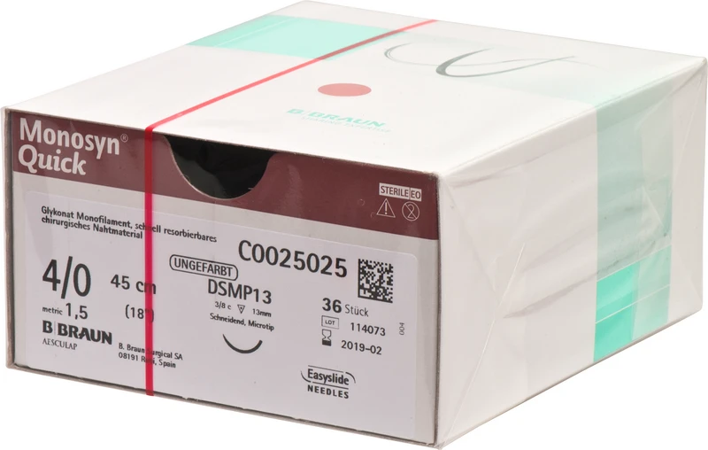 Monosyn® Quick  Packung  36 Stück ungefärbt, 45 cm, DSMP13, 3\8 Kreis, schneidend, Mikropräzision, 13 mm, USP 4\0
