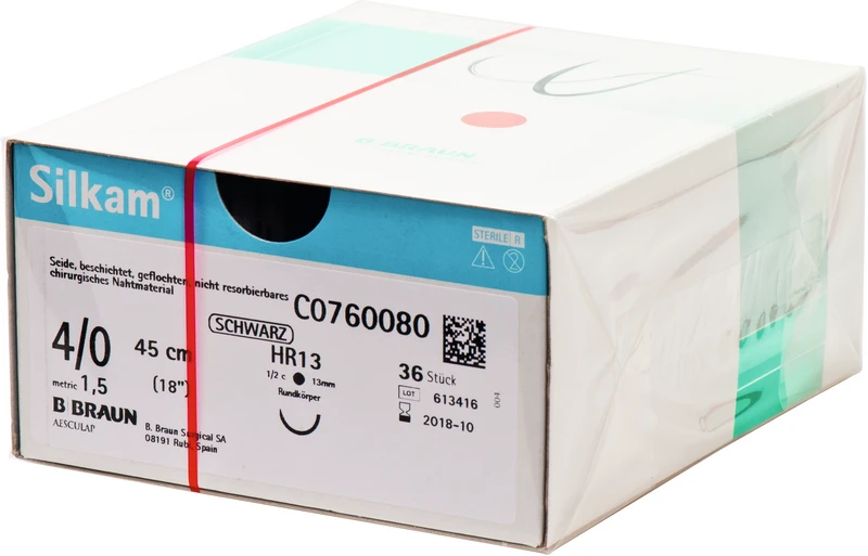 Silkam®  Packung  36 Stück schwarz, 45 cm, HR13, 1\2 Kreis, Rundkörper, 13 mm, USP 4\0