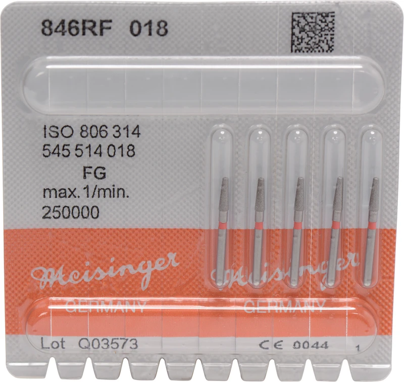 Diamanten 846  Packung  5 Stück rot fein, FG, Figur 545, Konus Kante abgerundet, 6 mm, ISO 018