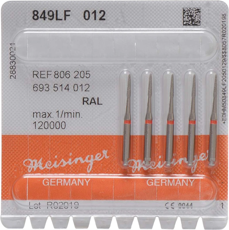 Diamanten 849  Packung  5 Stück rot fein, RA L, Figur 693 Konus rund, 6 mm, ISO 012