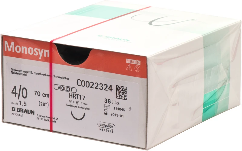 Monosyn®  Packung  36 Stück violett, 70 cm, HRT17, 1\2 Kreis, trokar, Rundkörper, 17 mm, USP 4\0