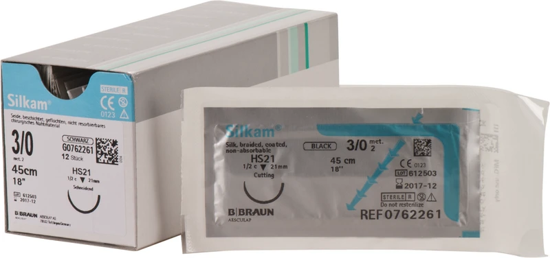 Silkam®  Packung  12 Stück schwarz, 45 cm, HS21, 1\2 Kreis, schneidend, 21 mm, USP 3\0