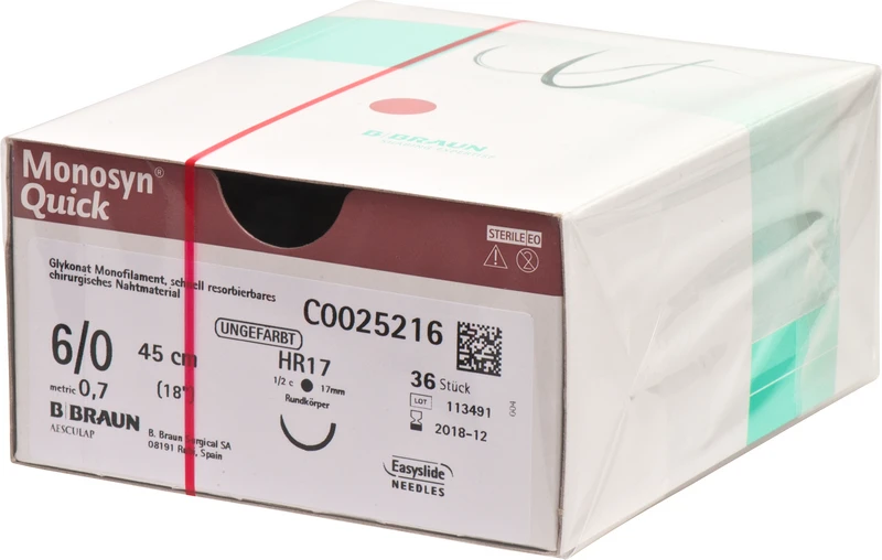 Monosyn® Quick  Packung  36 Stück ungefärbt, 45 cm, HR17, 1\2 Kreis, Rundkörper, 17 mm, USP 6\0