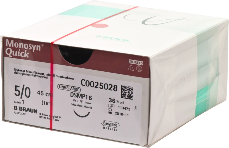 Monosyn® Quick  Packung  36 Stück ungefärbt, 45 cm, DSMP16, 3\8 Kreis, schneidend, Mikropräzision, 16 mm, USP 5\0