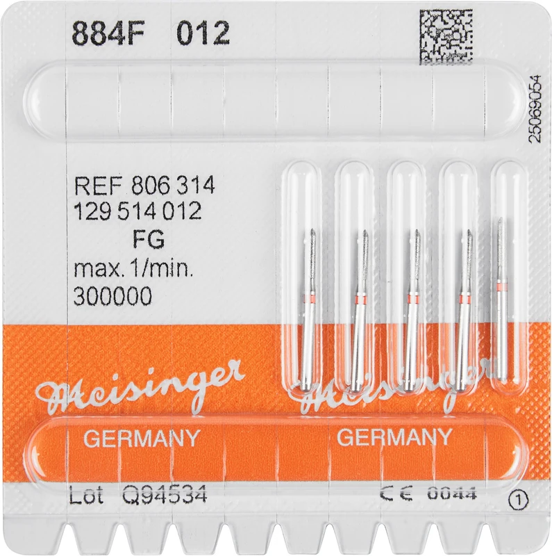 Diamanten 884  Packung  5 Stück rot fein, FG, Figur 129 Zylinder spitz, 6 mm, ISO 012