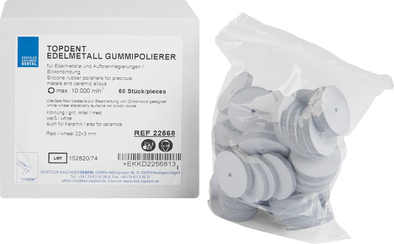 TOPDENT Edelmetall Gummipolierer  Packung  60 Stück weiß mittel (auch für Keramik), Rad 22 x 3 mm