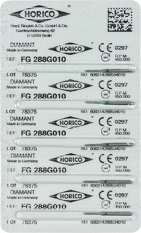 Diamantschleifer 288  Packung  5 Stück grün grob, FG, Figur 288, 6 mm, ISO 010