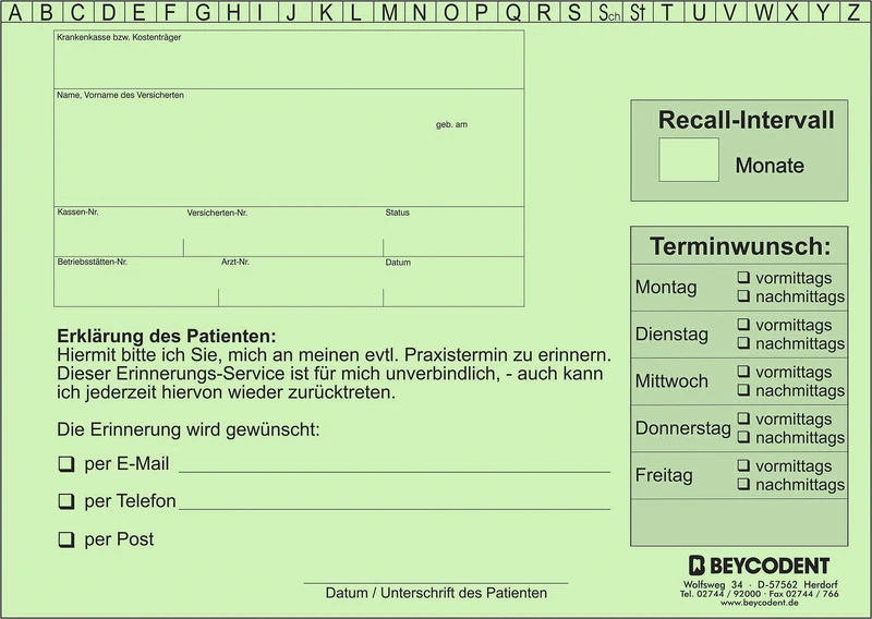 Recall-Karteikarte   Packung  100 Stück grün
