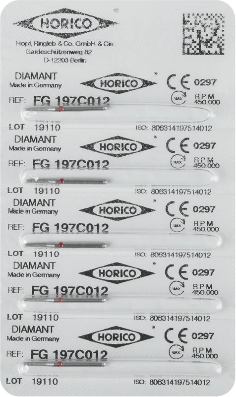 Diamantschleifer 197  Packung  5 Stück rot fein, FG, Figur 197, 6 mm, ISO 012