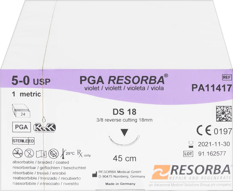 RESORBA® PGA  Packung  24 Stück violett, 45 cm, DS18, 3\8 Kreis, außen schneidend, 18 mm, USP 5\0
