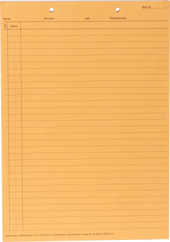 Krankenblatt M1   Stück  100 Blatt orange, kopfgelocht, A5
