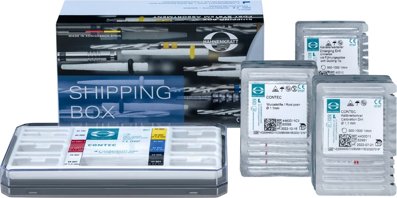 Contec   Standard Set  2 Kanalerweiterer, 5 Kalibrierbohrer, 21 Wurzelstifte, Messschablone, Box leer