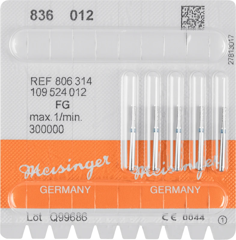 Diamanten 836  Packung  5 Stück blau mittel, FG, Figur 109 Zylinder, 4 mm, ISO 012