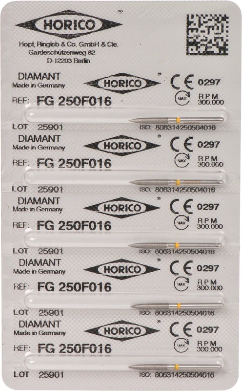 Diamantschleifer 250  Packung  5 Stück gelb x-fein, FG, Figur 250, 10 mm, ISO 016