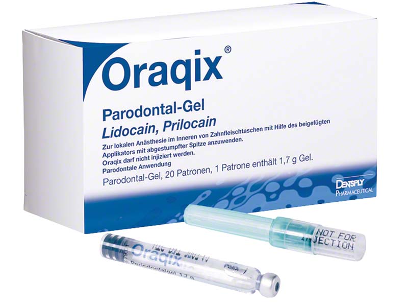 Oraqix® Lidocain und Prilocain Parodontal-Gel 2,5%\2,5%  Packung  20 x 1,7 g Patrone, 20 Applikatoren