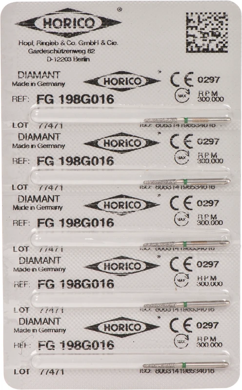 Diamantschleifer 198  Packung  5 Stück grün grob, FG, Figur 198, 8 mm, ISO 016