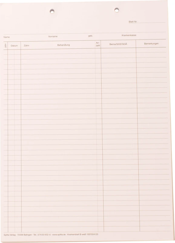 Krankenblatt B   Stück  100 Blatt weiß, kopfgelocht, für DIN A5