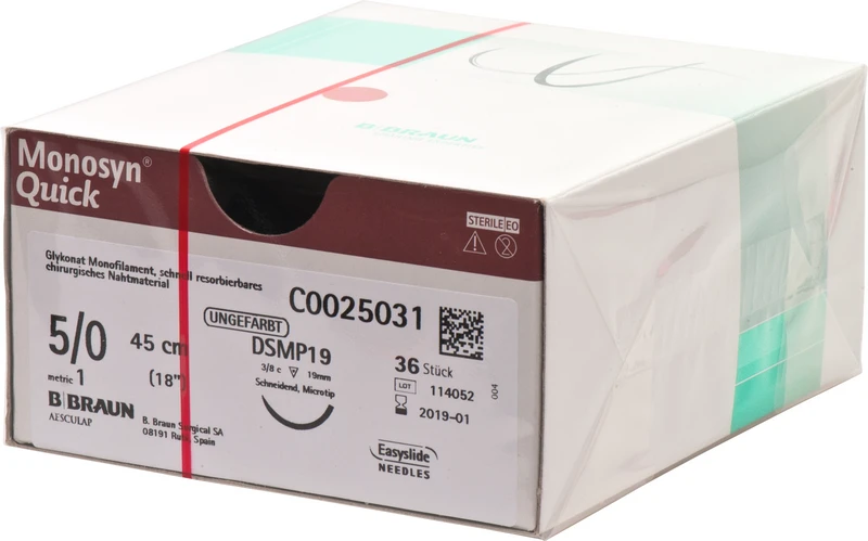 Monosyn® Quick  Packung  36 Stück ungefärbt, 45 cm, DSMP19, 3\8 Kreis, schneidend, Mikropräzision, 19 mm, USP 5\0