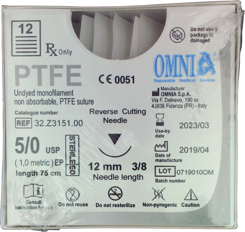 PTFE Nahtmaterial   Packung  12 Stück 75 cm, 3\8 Kreis, schneidend, 12 mm, USP 5\0