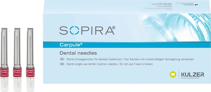 SOPIRA® Carpule® Kanülen  Refill Packung  100 Stück 27G, 38 mm, langer Anschliff, dunkelrot, Typ Injektion Nervenblockade