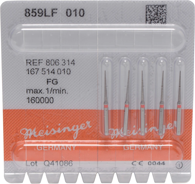 Diamanten 859  Packung  5 Stück rot fein, FG, Figur 167 lang, kon. spitz, 12 mm, ISO 010