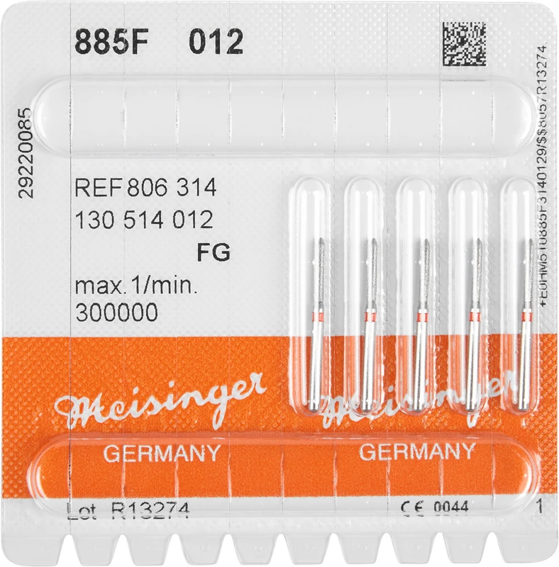Diamanten 885  Packung  5 Stück rot fein, FG, Figur 130 Zylinder spitz, 8 mm, ISO 012