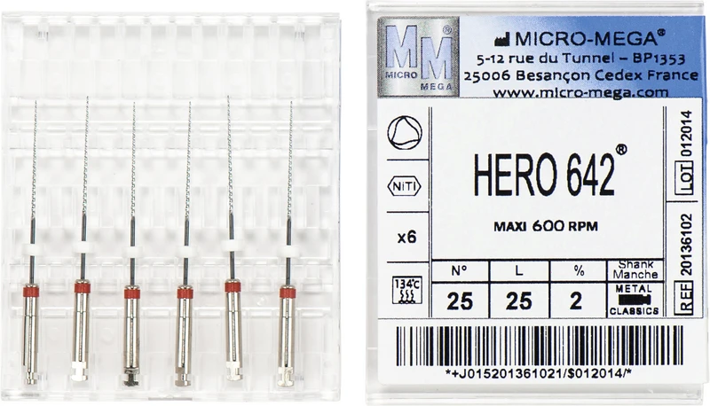 HERO 642 Feilen  Packung  6 Stück 25 mm, Taper.02, ISO 025