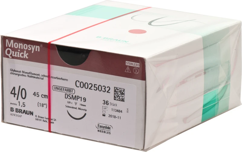 Monosyn® Quick  Packung  36 Stück ungefärbt, 45 cm, DSMP19, 3\8 Kreis, schneidend, Mikropräzision, 19 mm, USP 4\0