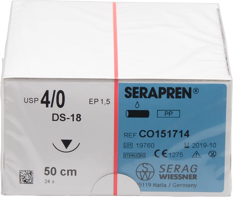 SERAPREN®   Packung  24 Stück blau, 50 cm, DS-18, 3\8 Kreis, schneidender Nadelkörper, 18 mm, USP 4\0