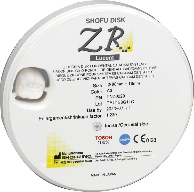 SHOFU Disk ZR Lucent  Stück  Ø 98,5 mm H 18 mm, A3
