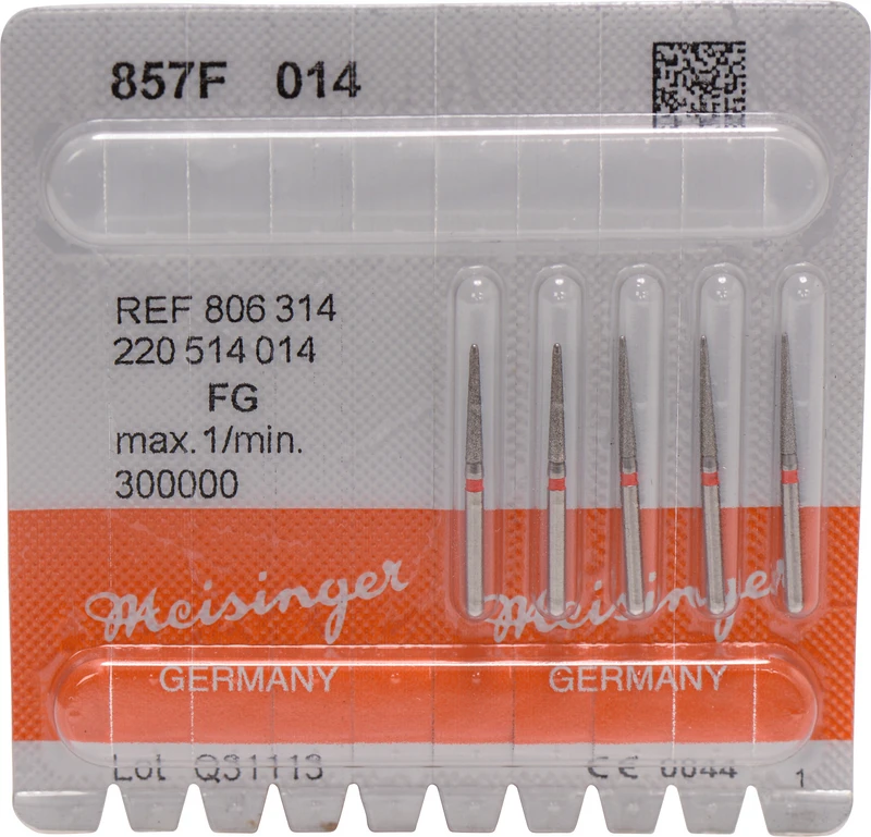 Diamanten 857  Packung  5 Stück rot fein, FG, Figur 220 Konus rund, Stirn n. diamantiert, 10 mm, ISO 014