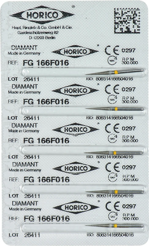 Diamantschleifer 166   Blister  5 Stück gelb x-fein, FG, Figur 166, 10 mm, ISO 016