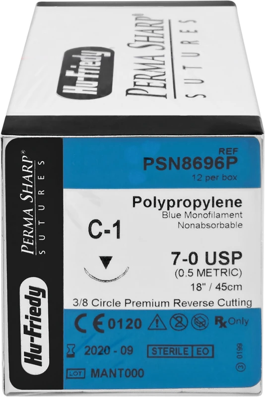 Perma Sharp Polypropylen  Packung  12 Stück blau, 45 cm, C-1, 3\8 Kreis, schneidend, Premium-Rückstich, 10,7 mm, USP 7\0