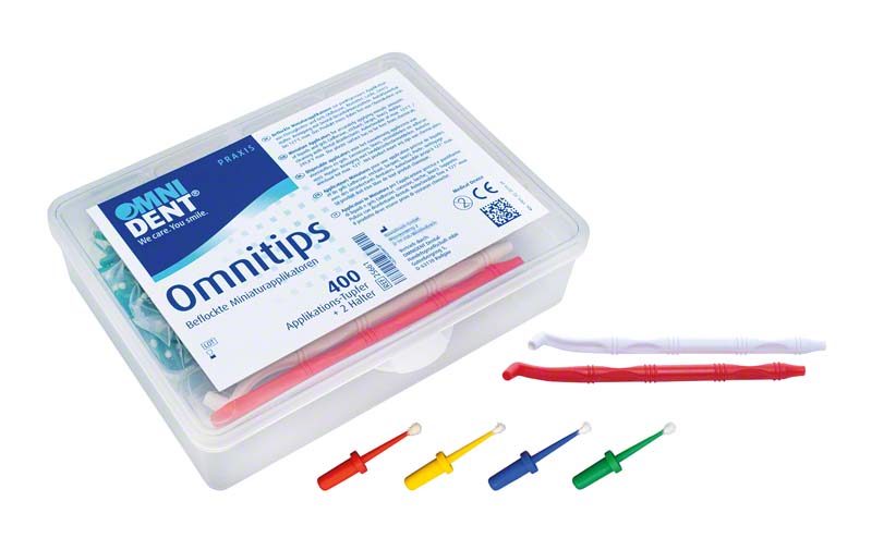 Omnitips  Box  2 Applikationshalter (nicht sterilisierbar), 4 x 100 Einmal-Applikatoren (rot, blau, gelb, grün)