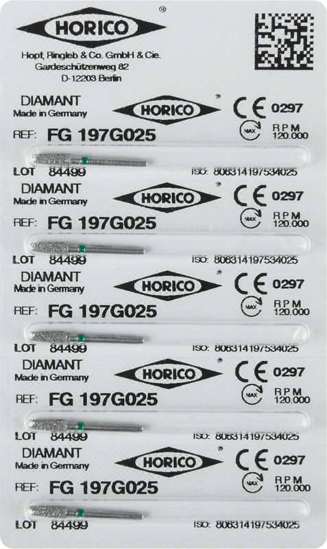 Diamantschleifer 197  Packung  5 Stück grün grob, FG, Figur 197, 7 mm, ISO 025