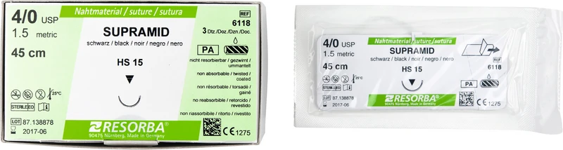 RESORBA® Supramid  Packung  36 Stück schwarz, 45 cm, HS15, 1\2 Kreis, außen schneidend, 15 mm, USP 4\0