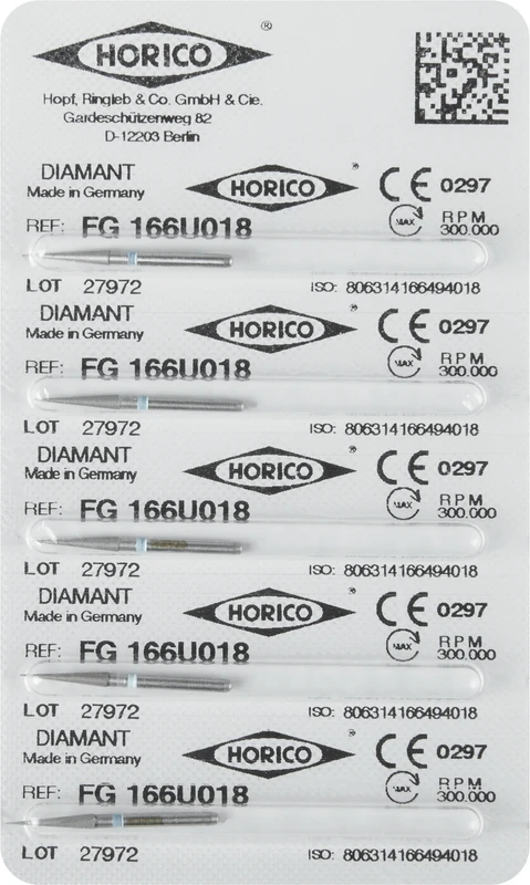 Diamantschleifer 166   Blister  5 Stück weiß ultrafein, FG, Figur 166, 10 mm, ISO 018