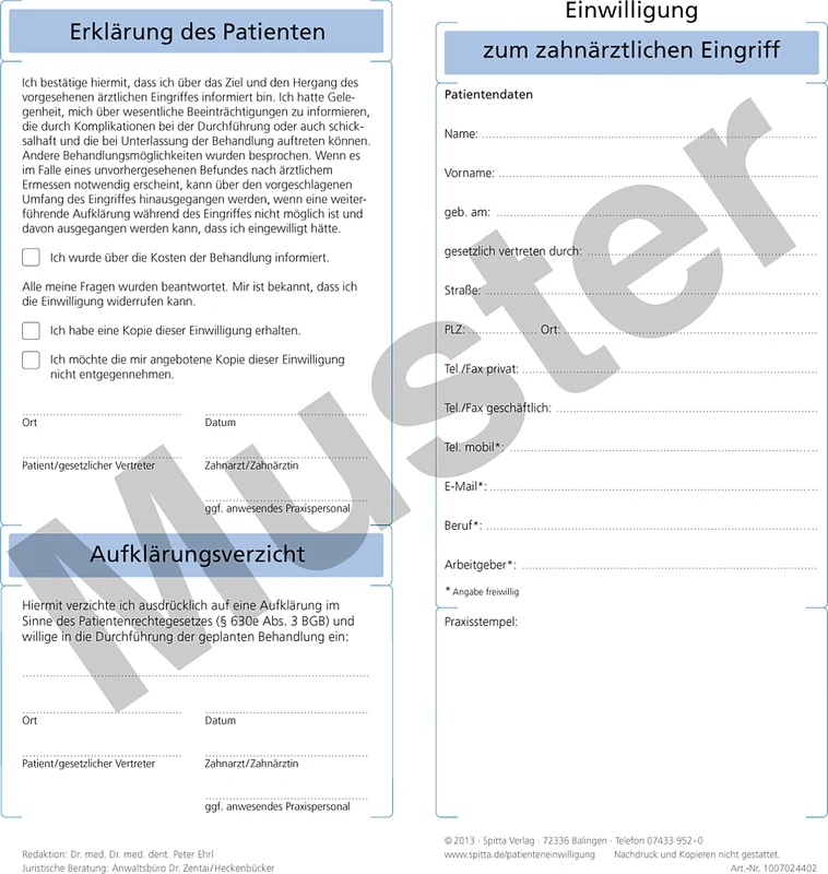 Einwilligungsbögen   Packung  50 Stück zum zahnärztlichen Eingriff