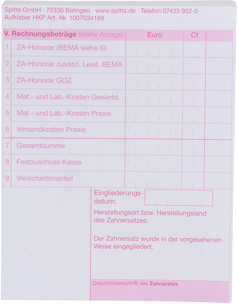 Heil- und Kostenplan V. Rechnungsbeträge   Stück  100 Blatt