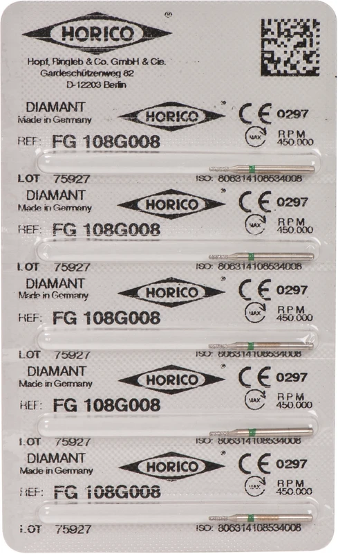 Diamantschleifer 108  Packung  5 Stück grün grob, FG, Figur 108, 3 mm, ISO 008