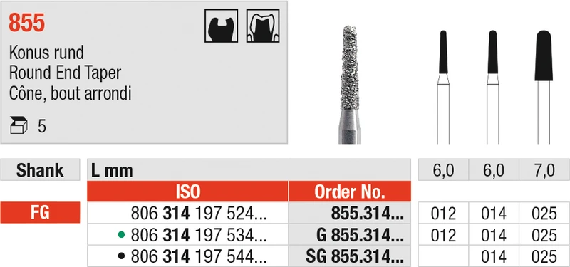 Diamanten 855  Packung  5 Stück grün grob, FG, Figur 197 Konus rund, 6 mm, ISO 014
