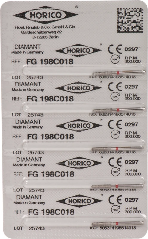 Diamantschleifer 198  Packung  5 Stück rot fein, FG, Figur 198, 8 mm, ISO 018