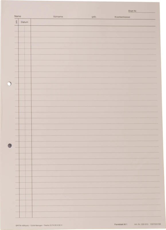 Krankenblatt M1   Stück  100 Blatt weiß, seitlich gelocht, A4