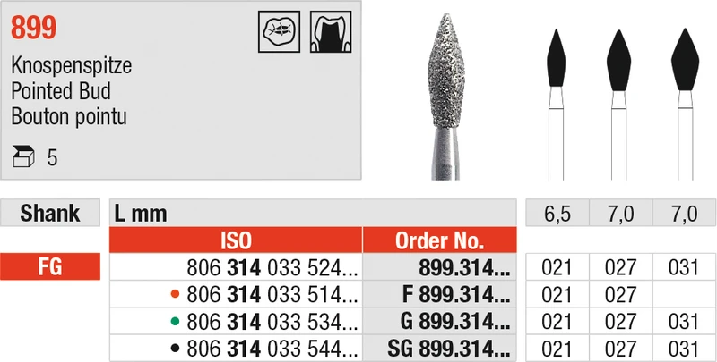 Diamanten 899  Packung  5 Stück rot fein, FG, Figur 033 Knospenspitze, 7 mm, ISO 027
