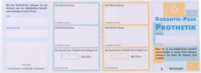 Garantiepass Prothetik  Packung  100 Stück
