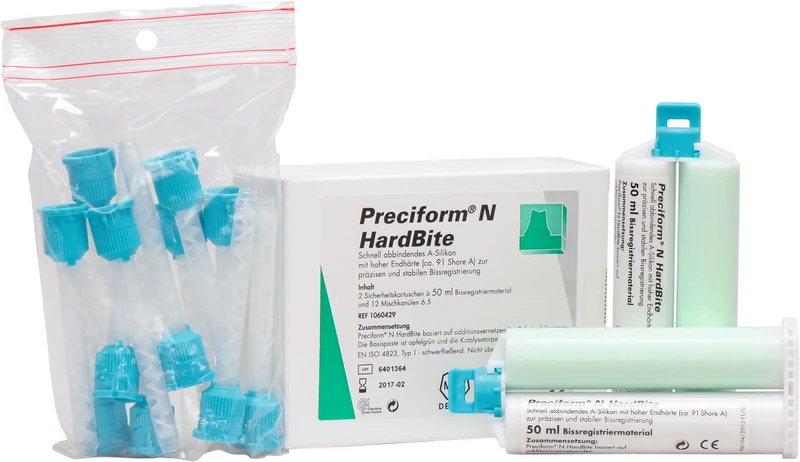 Preciform® N HardBite  Packung  2 x 50 ml Doppelkartusche grün, 12 Mischkanülen türkis