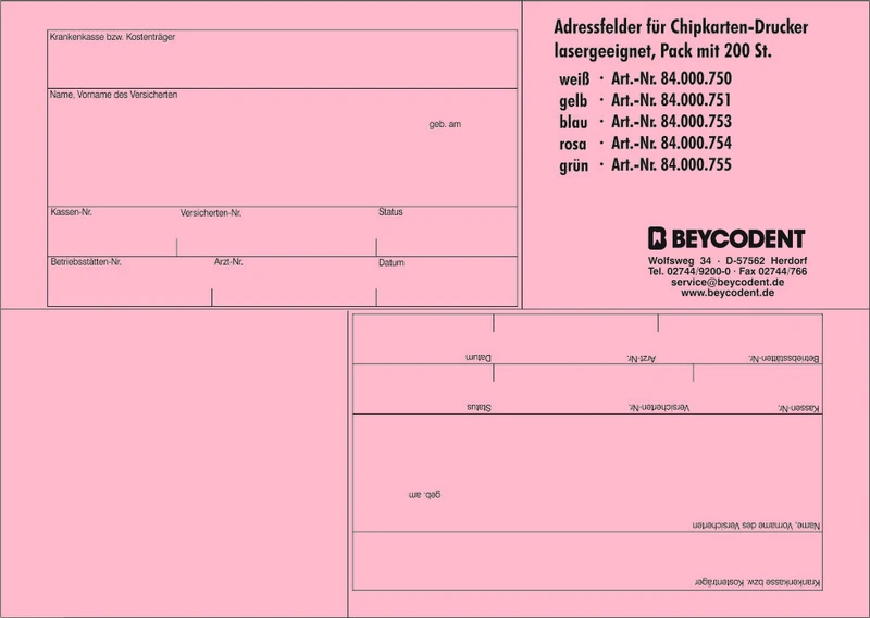 Adressfeld 750 für Chipkartenausdruck  Packung  200 Stück rosa